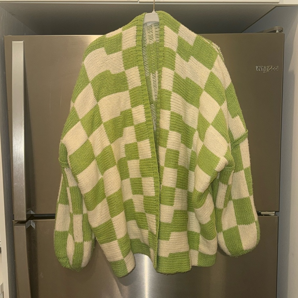 Green and white checkered cozy cardigan